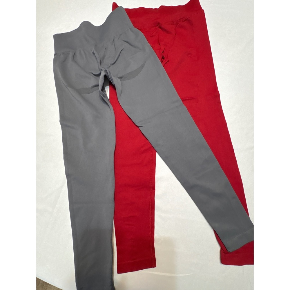 OQQ Women Seamless High Waisted Leggings 2 Pack Gray Red Athletic Yoga Pants